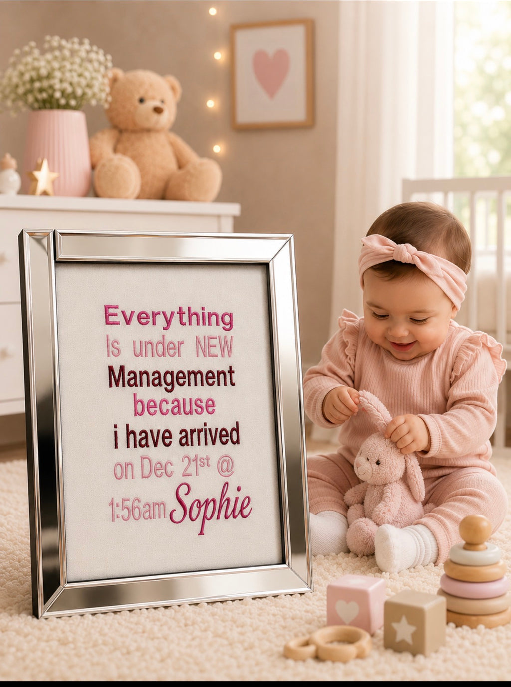 Personalised New Baby Announcement Frame – Everything Is Under New Management | Custom Baby Keepsake Gift