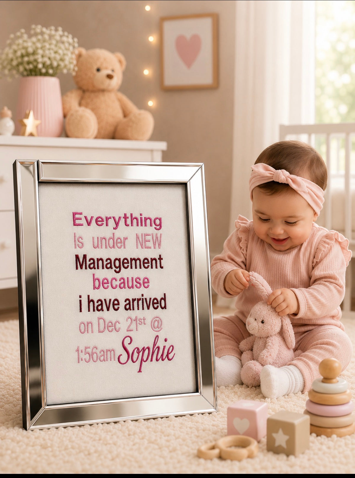 Personalised New Baby Announcement Frame – Everything Is Under New Management | Custom Baby Keepsake Gift