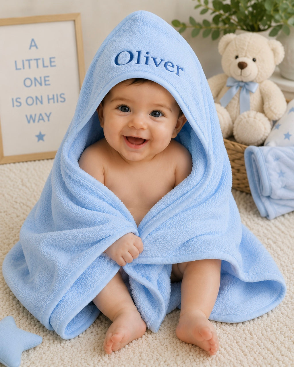 Personalised Baby Boy Hooded Towel – Custom Embroidered Name | Soft Light Blue Newborn Gift