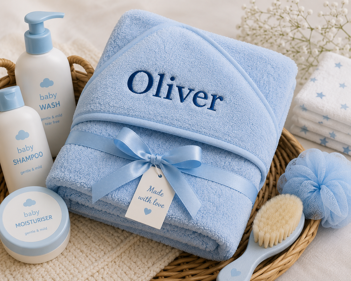 Personalised Baby Boy Hooded Towel – Custom Embroidered Name | Soft Light Blue Newborn Gift